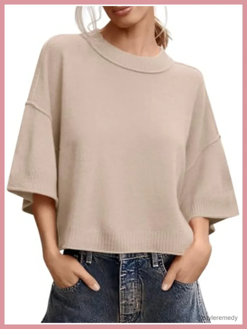 Short Sleeve Sweater Summer Oversized Cropped Crewneck Lightweight Knit Top